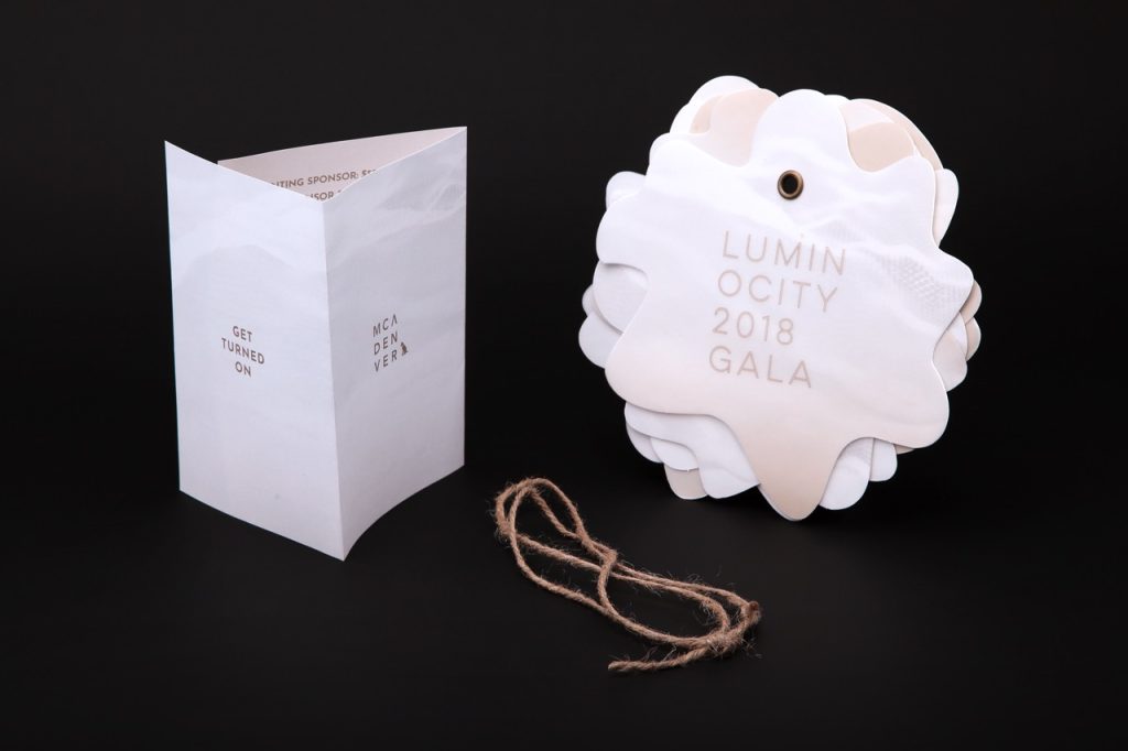 Details of a Museum of Contemporary Art Denver Luminocity Gala invitation designed by EBD.