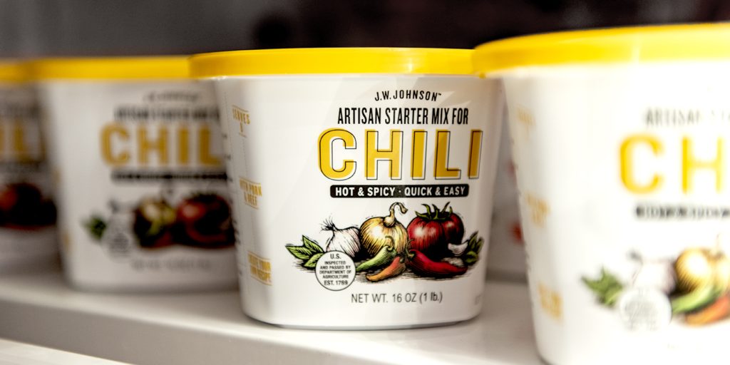 J.W. Johnson Artisan Starter Mix for Chili packaging designed by EBD.
