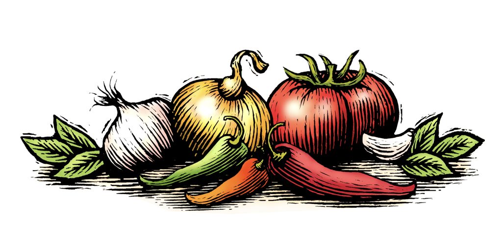 A sketch of vegetables grouped together.