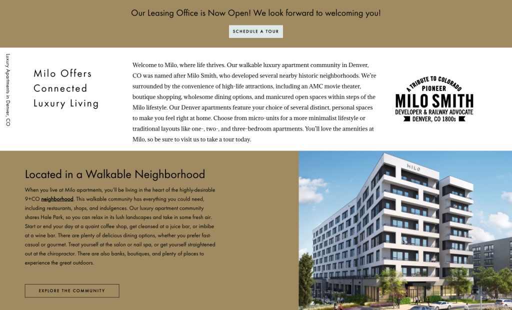 Milo luxury residences website designed by EBD.