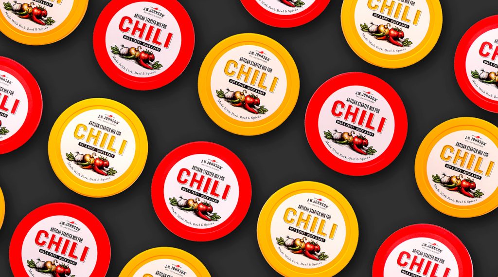 J.W. Johnson Chili branding and packaging designed by EBD against a black background.
