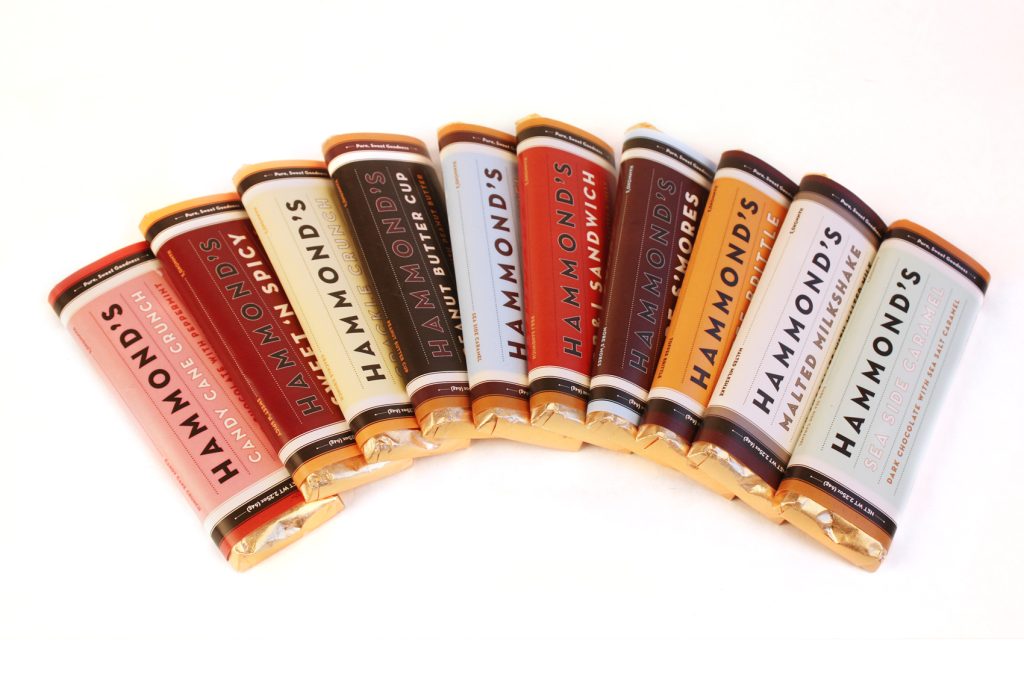 An array of Hammond's chocolate bar flavors with packaging designed by EBD.