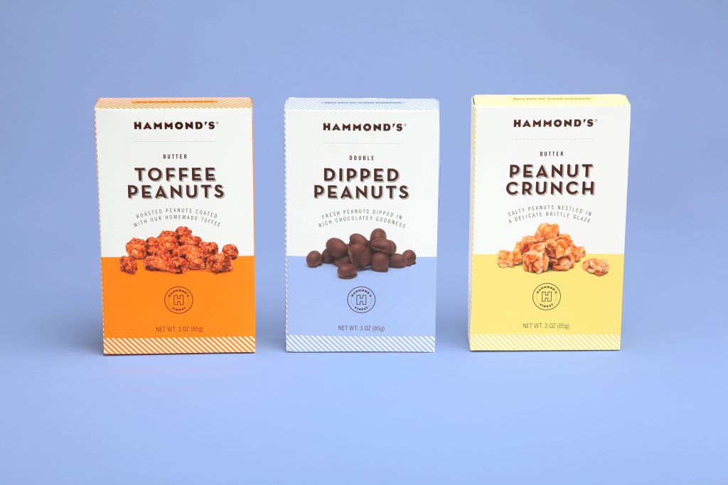 Hammond's Toffee Peanuts, Dipped Peanuts and Peanut Crunch boxed designed by EBD against a blue background.