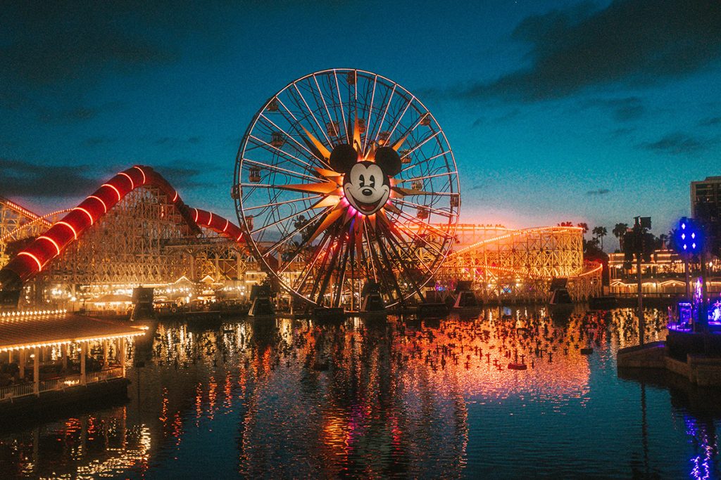 Disneyland ferris wheel at night.